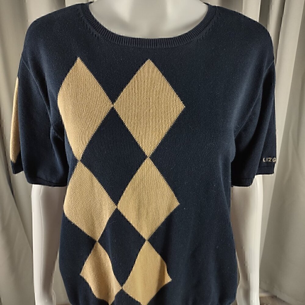 Liz Claiborne Liz Golf Womens Tan And Blue Argyle Short Sleeve Sweater Size XL - Picture 2 of 12